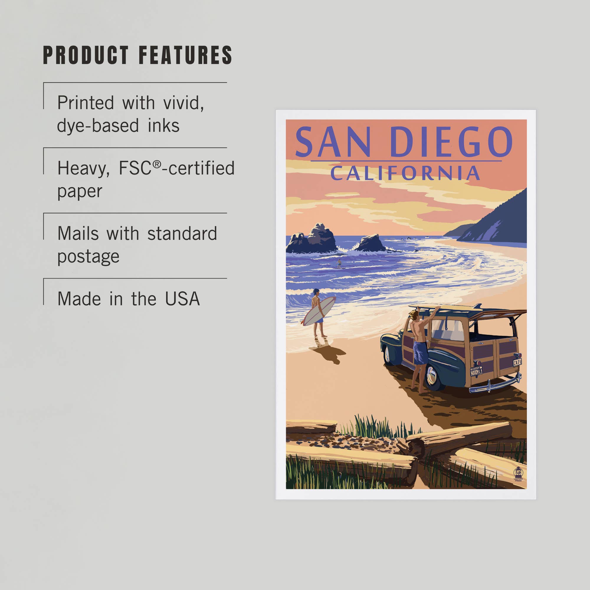 PREMIUM POSTCARDS San Diego, California, Woody on Beach 2