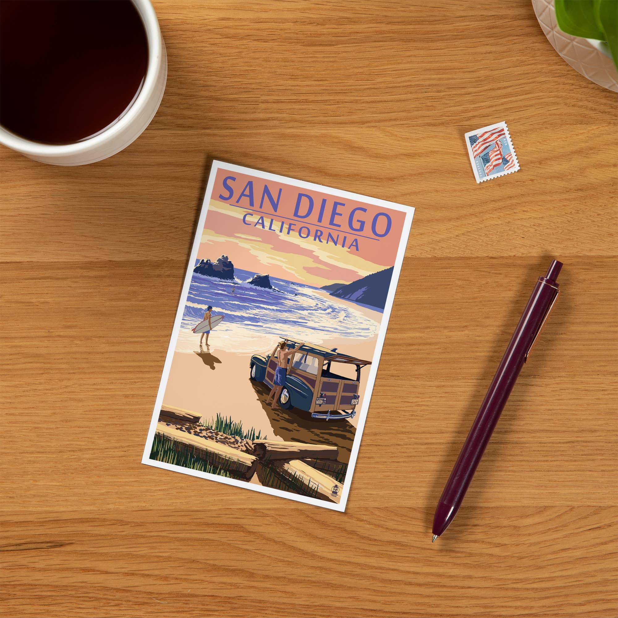 PREMIUM POSTCARDS San Diego, California, Woody on Beach 2